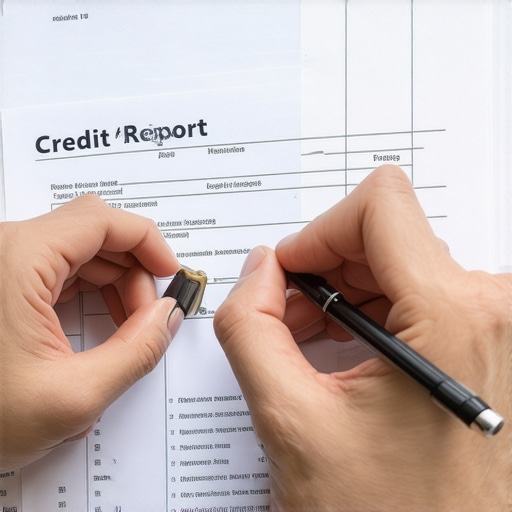 Person reviewing credit report with a magnifying glass and pen, symbolizing detailed analysis and dispute resolution.