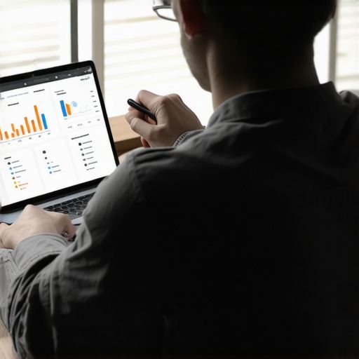 Person analyzing credit report data with analytics visualizations in a professional environment