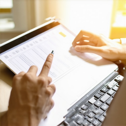 Individual analyzing credit report on laptop with supporting documents and calculator.