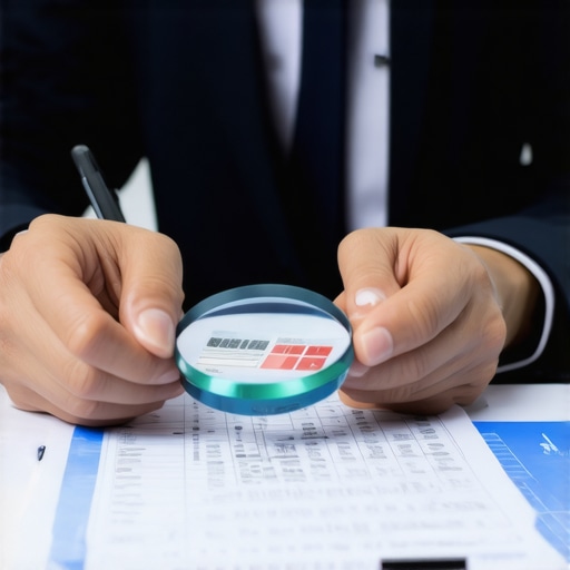 Person examining credit report with magnifying glass for errors