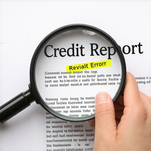 Close-up of credit report with magnifying glass focusing on errors