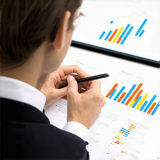 Expert analyzing complex credit reports with advanced dispute tools Professional analyzing credit reports and legal documents with advanced dispute tools in a modern office.