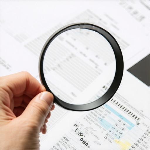 Expert analyzing credit reports for errors Person examining credit report for discrepancies with magnifying glass.