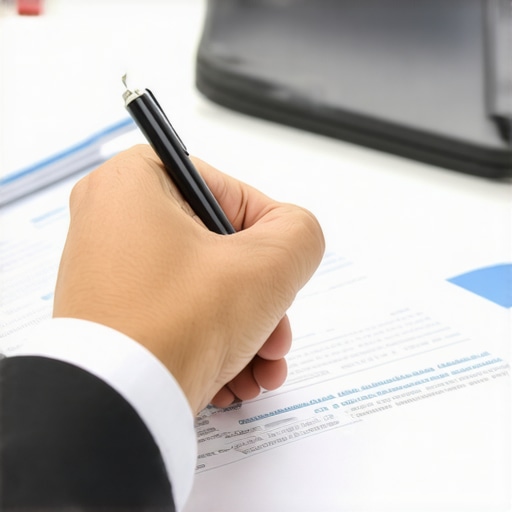 Person examining credit report errors with a pen in an office