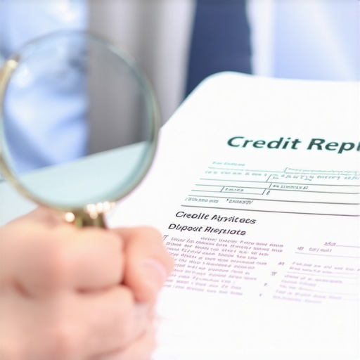 Person examining credit report documents closely with a magnifying glass