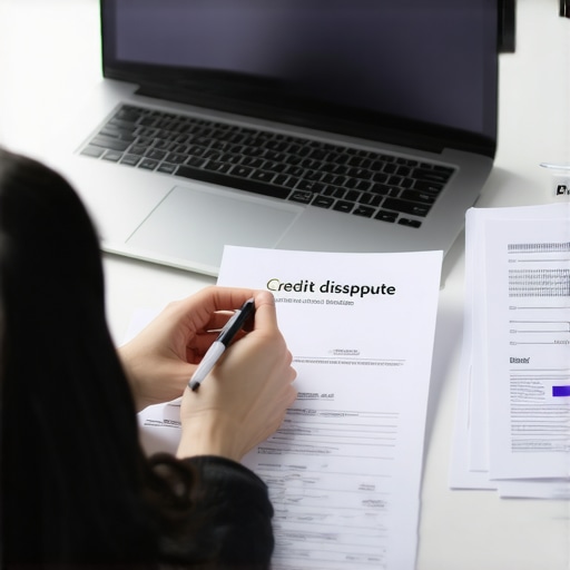 Person examining credit report and gathering documents for credit dispute