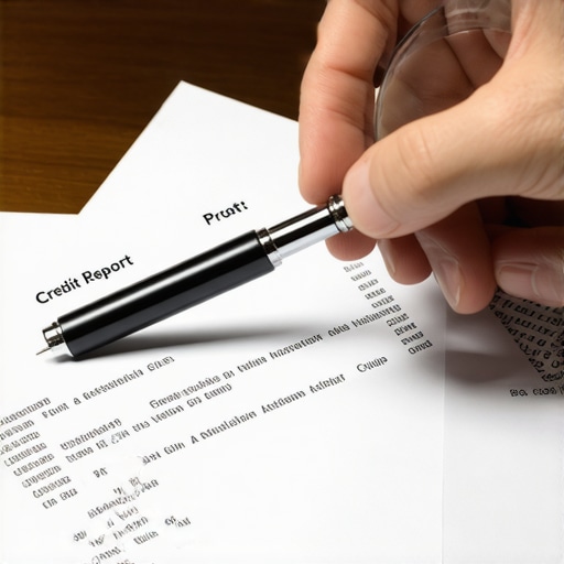 Person analyzing credit report and highlighting errors with a magnifying glass