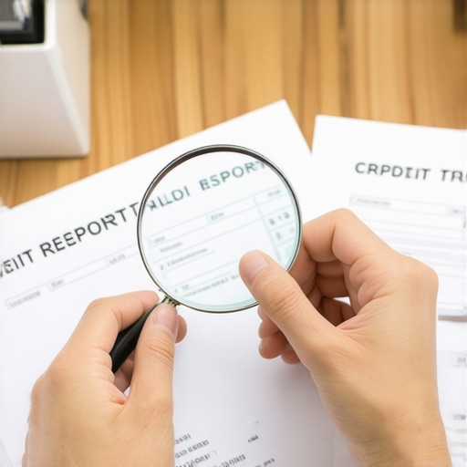 Person analyzing credit report entries for errors with a magnifying glass.