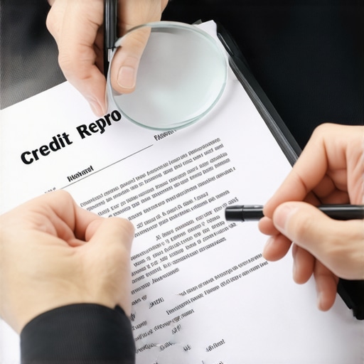 Credit specialist examining credit report for errors with magnifying glass.