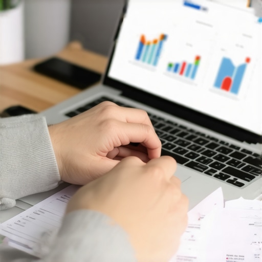 Individual reviewing credit report data on a laptop for credit maintenance