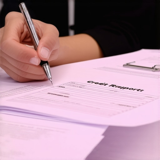 Person analyzing credit reports and dispute documents at desk.