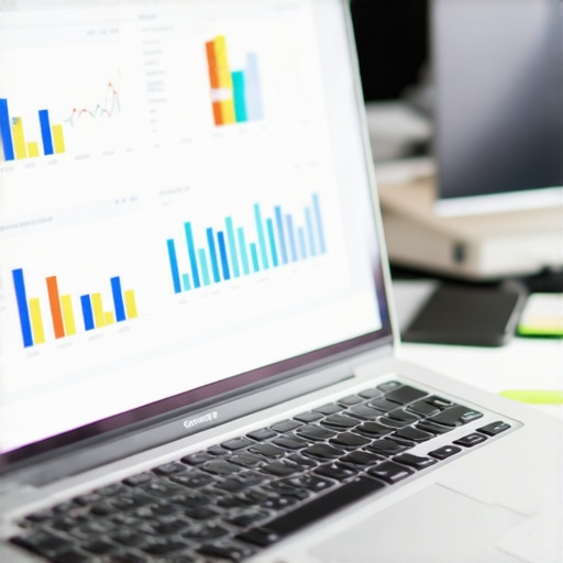 A person reviewing credit report charts on a laptop in a professional office environment.