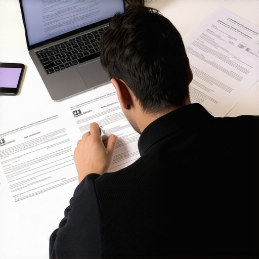 Person analyzing credit report with highlight marks and supporting documents