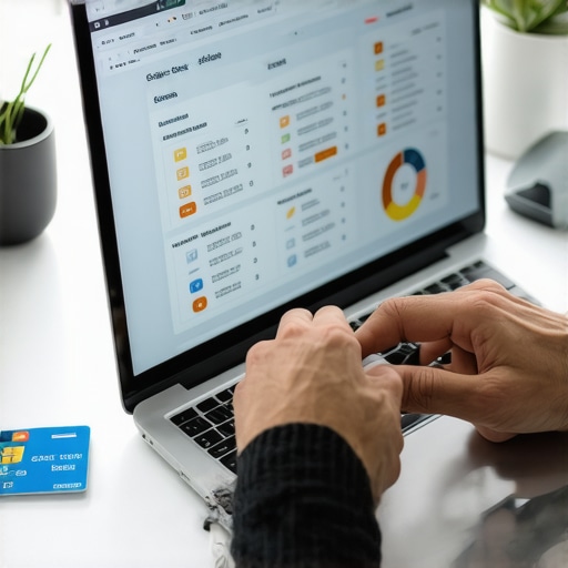 Monitoring Credit with Digital Tools Person analyzing credit report on laptop with financial tools, illustrating credit management.