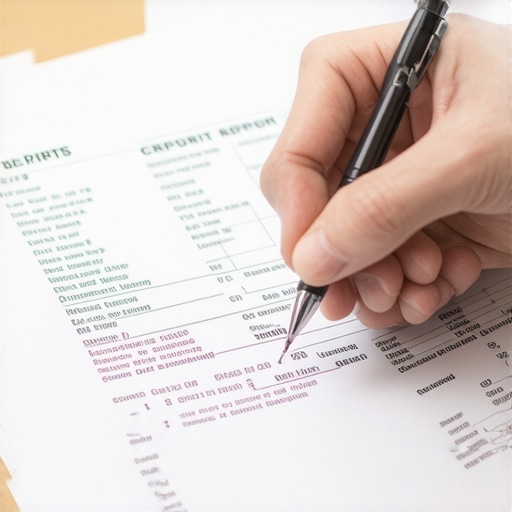 Person analyzing credit report documents with a pen, indicating dispute preparation.