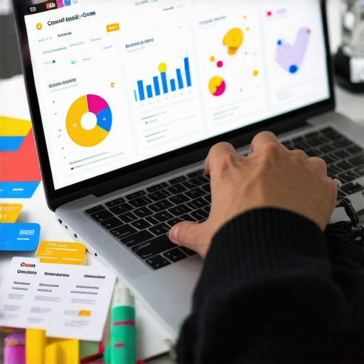 Tech-savvy credit management A person managing credit reports digitally with a laptop and financial data analytics.