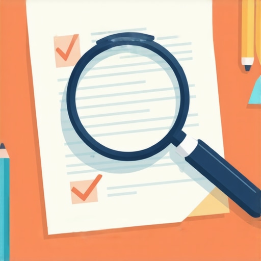 Credit report analysis with magnifying glass and checklist tools.