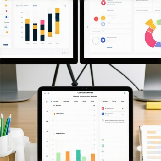 A modern desk setup with dual monitors, organized proof documents, and a tablet showing credit alerts, illustrating effective credit maintenance tools.