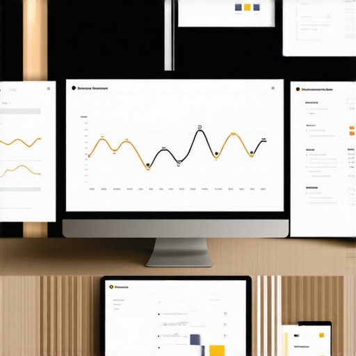 Computer screens displaying credit scores, graphs, and dispute management software in a modern office environment.