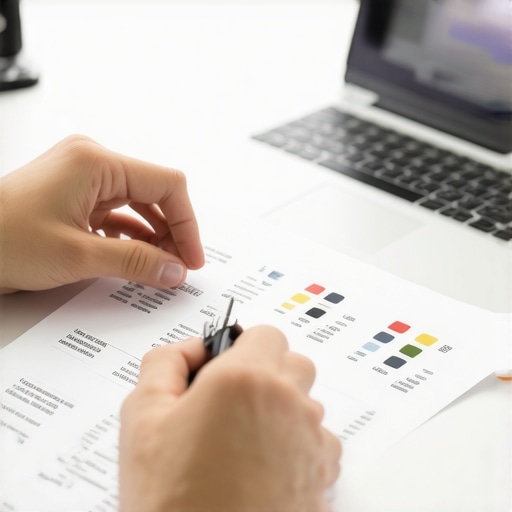 Person organizing credit documents and reviewing online credit reports