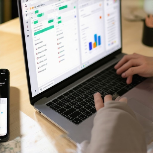 Organizing Credit Documents for Effective Monitoring Person sorting digital credit documents on a laptop and smartphone for credit management.