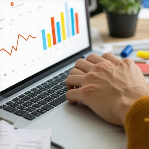 Person using laptop and reviewing credit reports with papers and digital tools on desk.