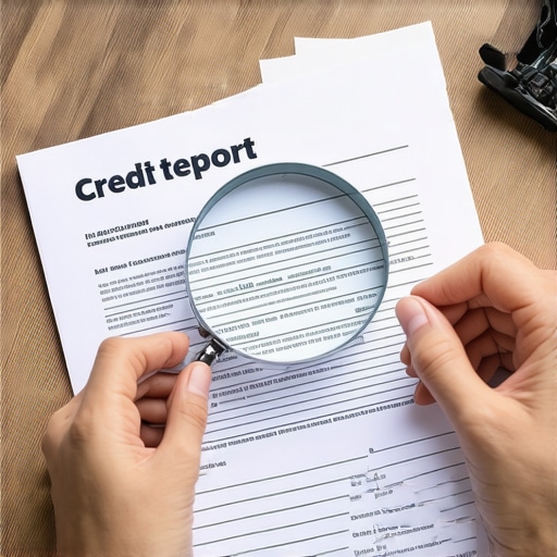 Person analyzing credit report with magnifying glass to identify mistakes and discrepancies.