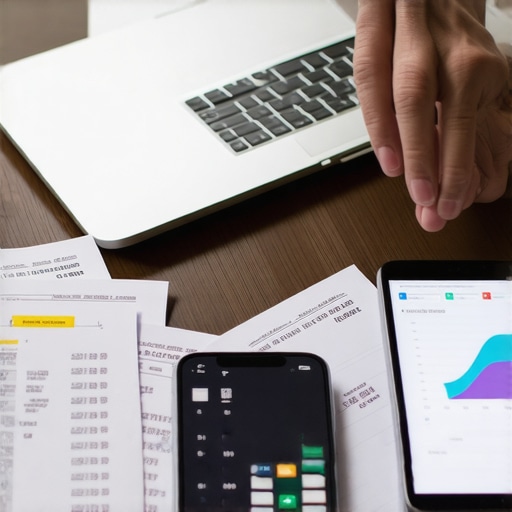Hands working on a laptop with financial documents and credit report on screen.