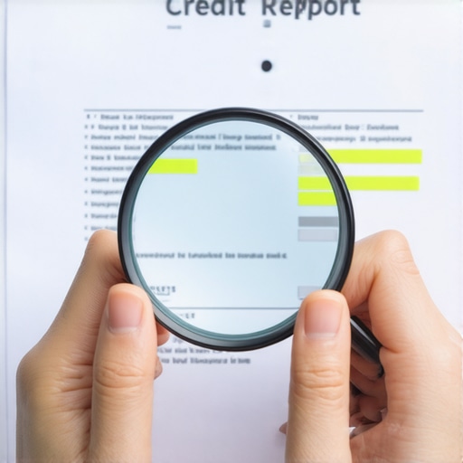 Person examining credit report with magnifying glass highlighting mistakes.