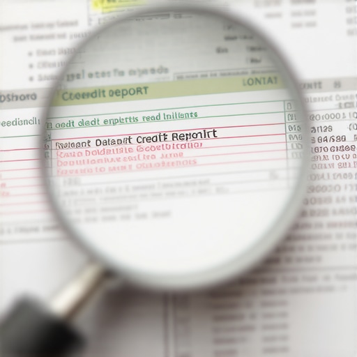 A magnifying glass highlighting errors on a credit report, symbolizing detailed examination of credit data