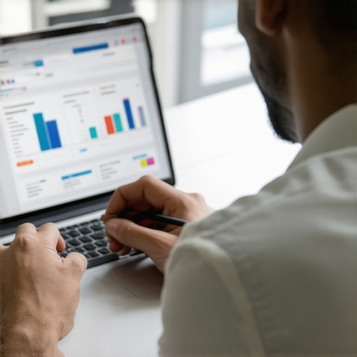 Person examining credit reports on a laptop with a magnifying glass