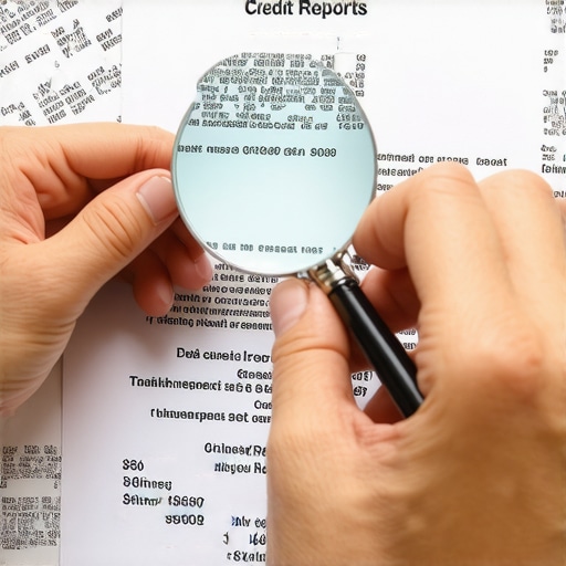 Person examining credit reports for discrepancies with a magnifying glass.