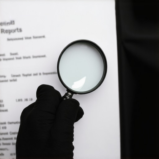 Person closely reviewing credit reports with magnifying glass, focusing on detail