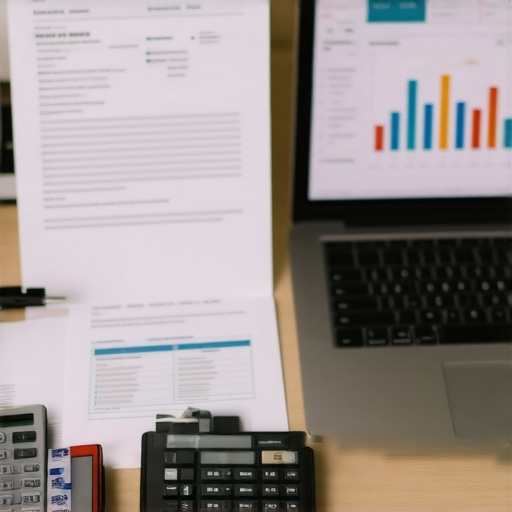 Desk setup with credit reports, monitoring tools, and calculator for credit maintenance.