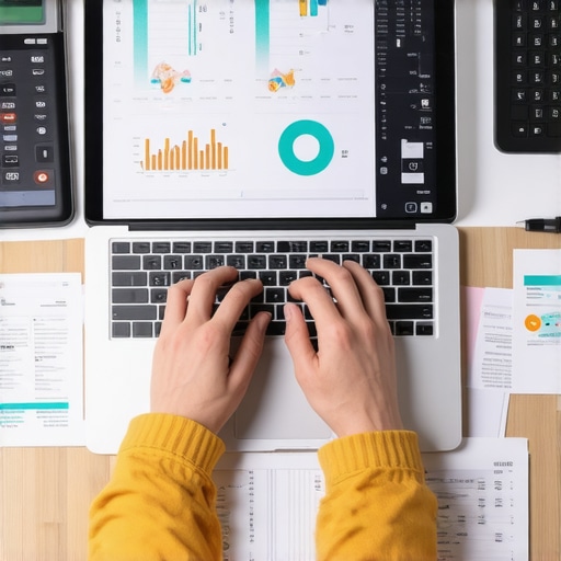 A person reviewing credit reports on a laptop, surrounded by finance tools and graphs