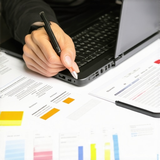 Person analyzing credit report on laptop with financial documents