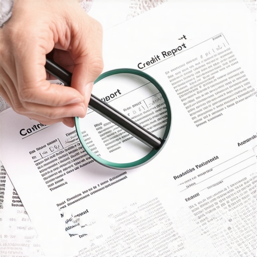 Person examining credit reports with documents and magnifying glass