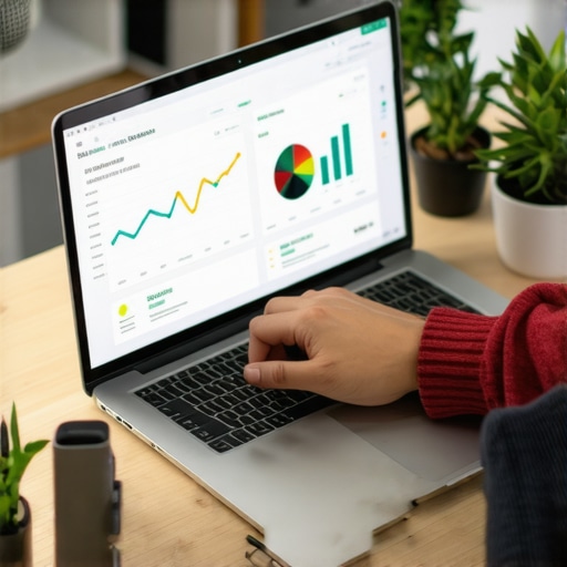 A person analyzing their credit report digitally with charts and tools in a modern workspace.