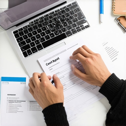 Person analyzing credit report with digital and paper tools