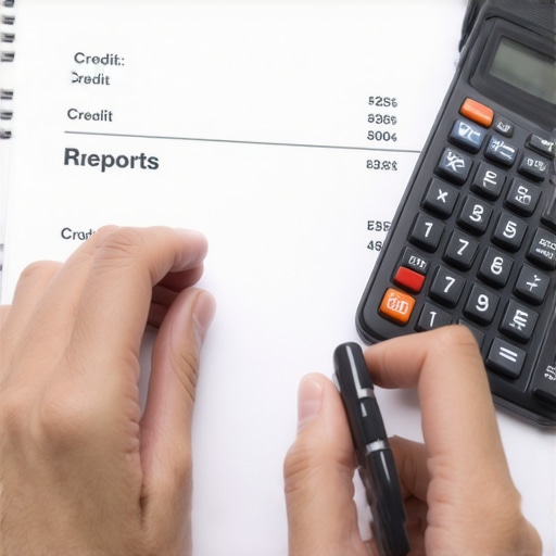 Person analyzing credit report and making small payments to improve credit score.