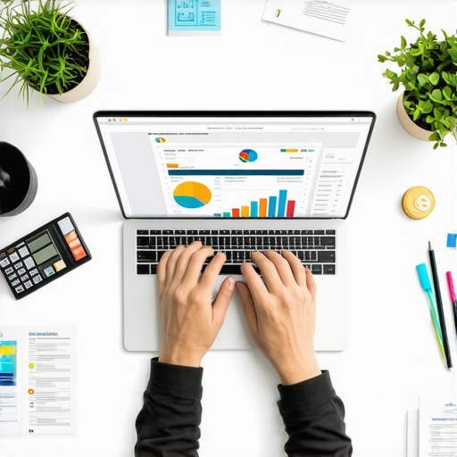 Person reviewing credit reports on laptop amid financial documents and tools.