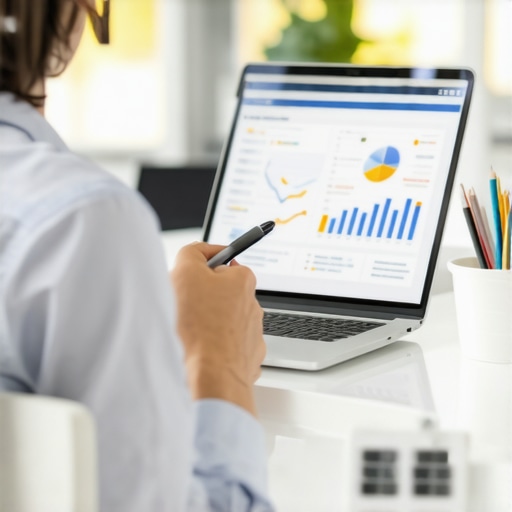 Individual analyzing credit report using a laptop amid financial tools.
