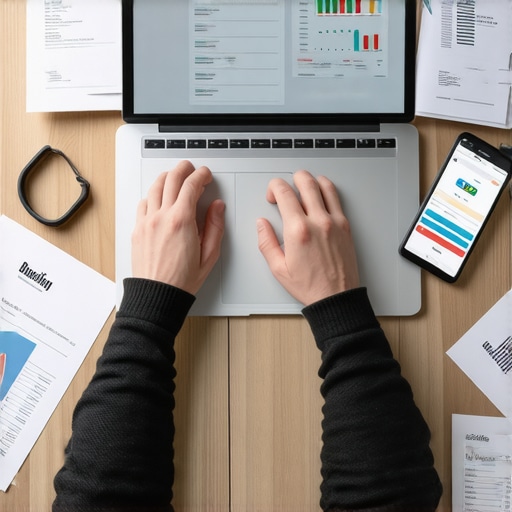 Monitoring Your Credit with Digital Tools Person checking credit score graphs on a laptop, surrounded by financial tools for credit maintenance.