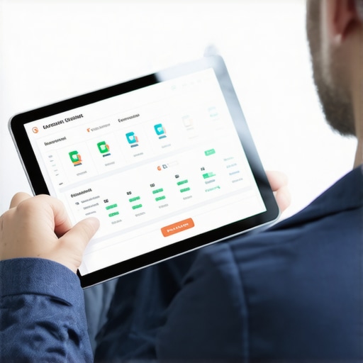 Person analyzing credit reports on a tablet with folders and notifications for credit monitoring.