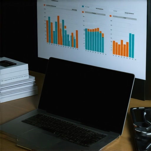 Organized Credit Management Workspace A neat desk with a laptop displaying credit scores, documents, and a scanner for credit photo proofing.