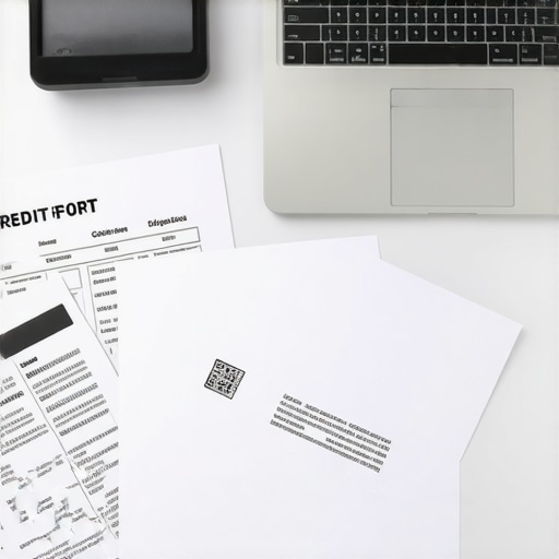 Organized Dispute Preparation for Credit Repair A workspace with credit reports, dispute evidence documents, and a laptop showing financial data for credit correction.