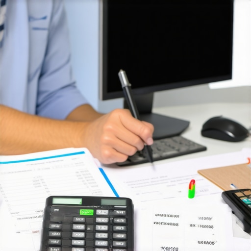 Person analyzing credit reports on a laptop with financial documents and calculator.