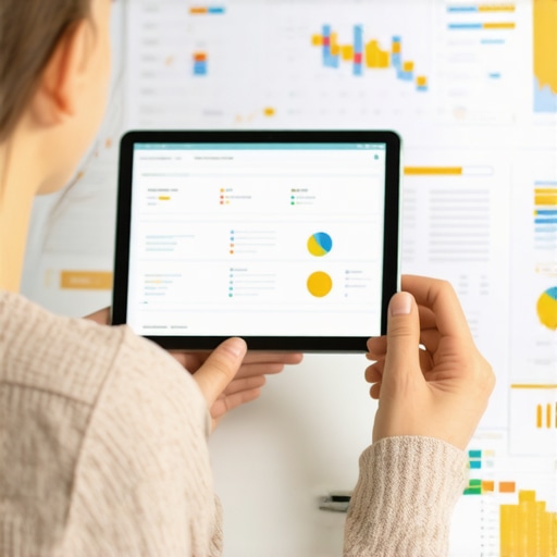 Organizing your credit documents digitally Person organizing digital files related to credit reports on a tablet, with charts showing credit score progress in the background.