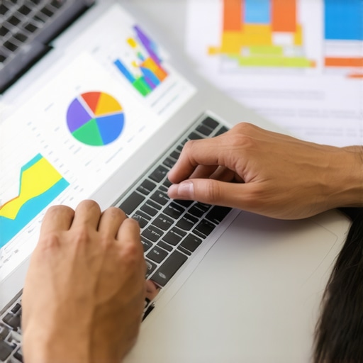 Individual examining credit report data on a laptop with charts and documents for credit maintenance