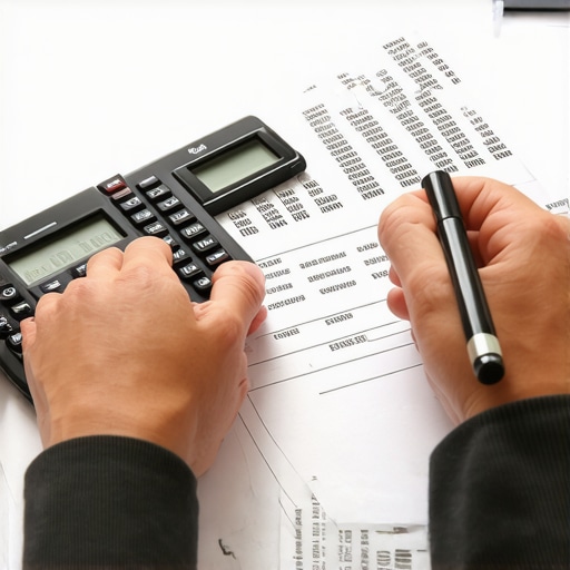Person analyzing credit report and financial documents on desk.